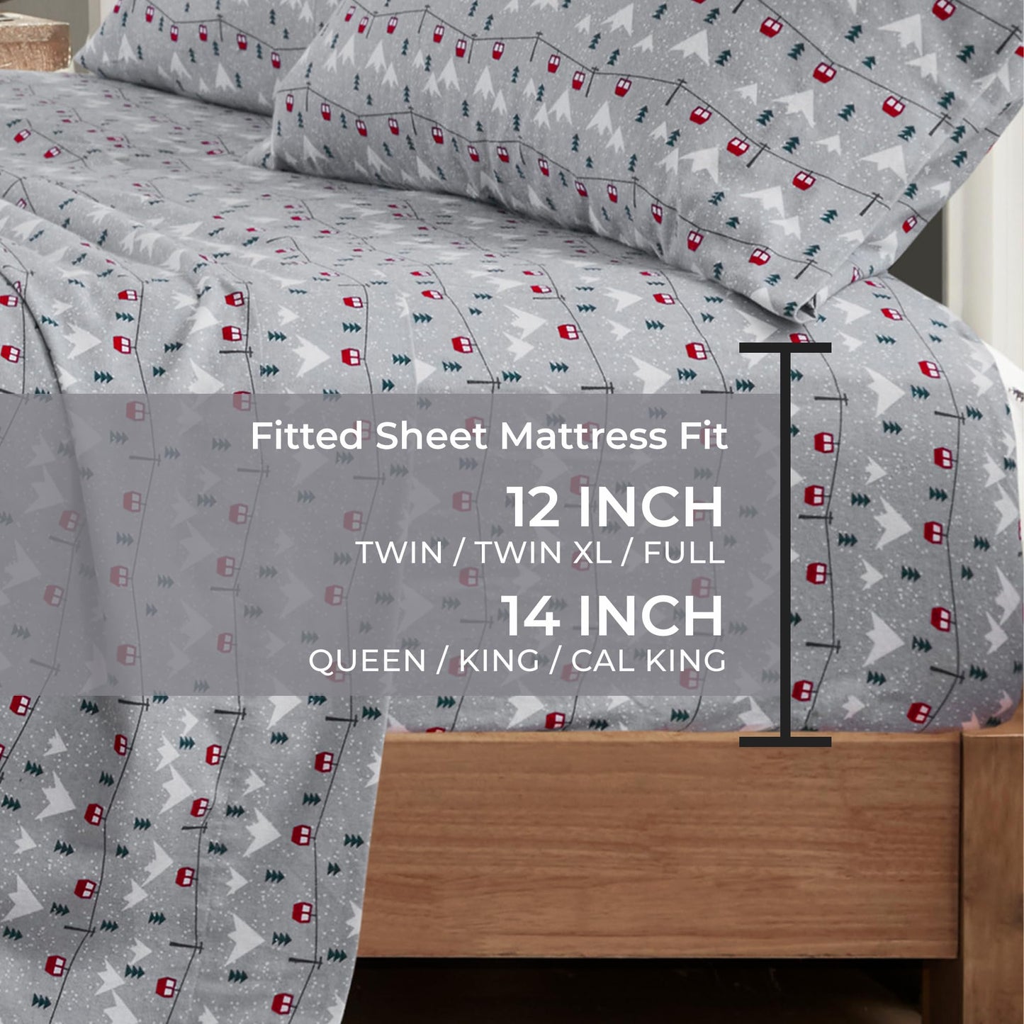 Woolrich Cotton Sheet Set Cottage Charms Print, 100% Cotton Flannel Sheets Warm & Fuzzy Bedding Set Queen Size Sheets, Fitted Pocket Fits Up to 14" Mattress, Queen Grey Ski Jump 4 Piece