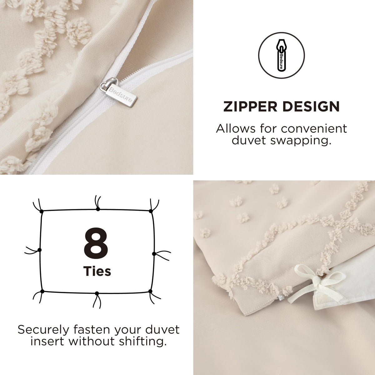 Bedsure Boho Duvet Cover Queen Size with Fitted Sheet - Boho Bedding Comforter Set, 4 Pieces, Includes 1 Duvet Cover 90"x90" with Zipper Closure, 2 Pillow Shams, 1 Fitted Sheet, Beige