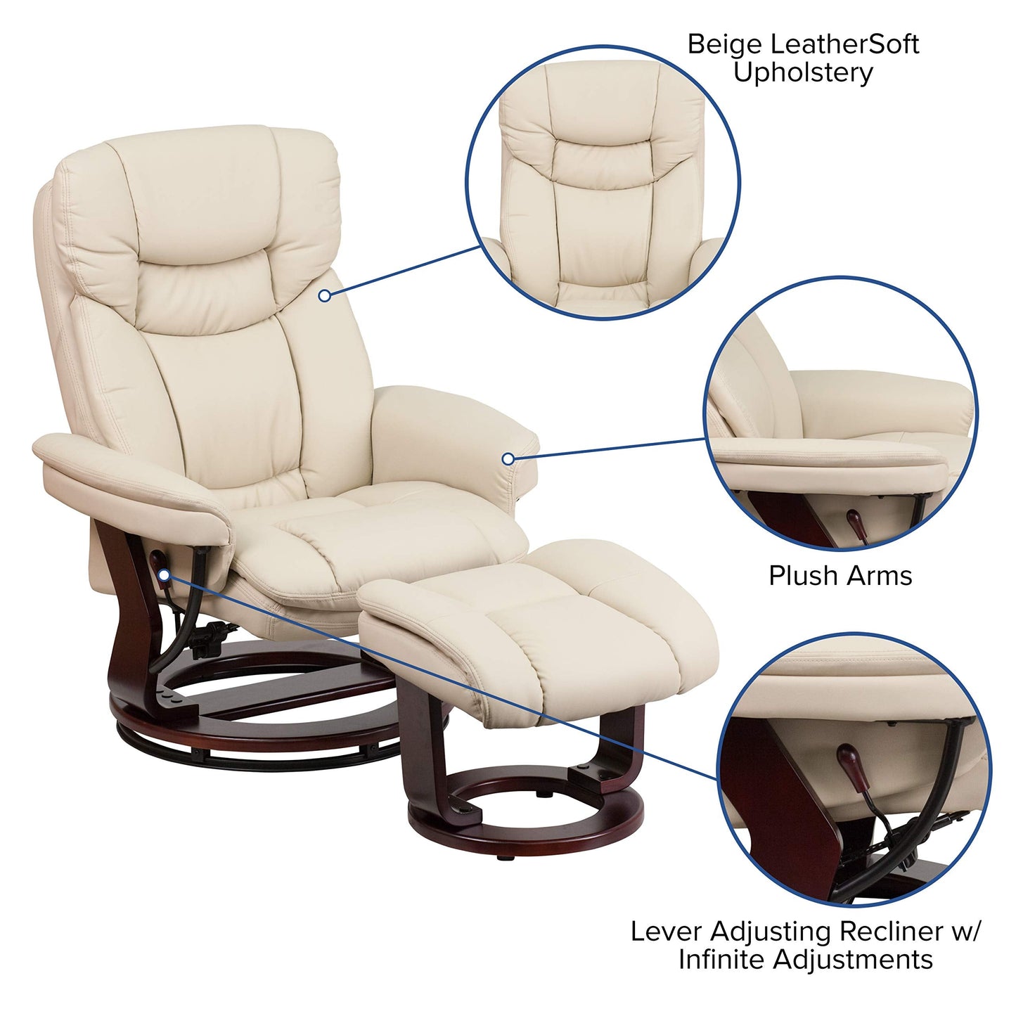 Flash Furniture Allie LeatherSoft Upholstered Recliner with Ottoman Footrest, Padded Swiveling Recliner Chair and Ottoman Set, Beige