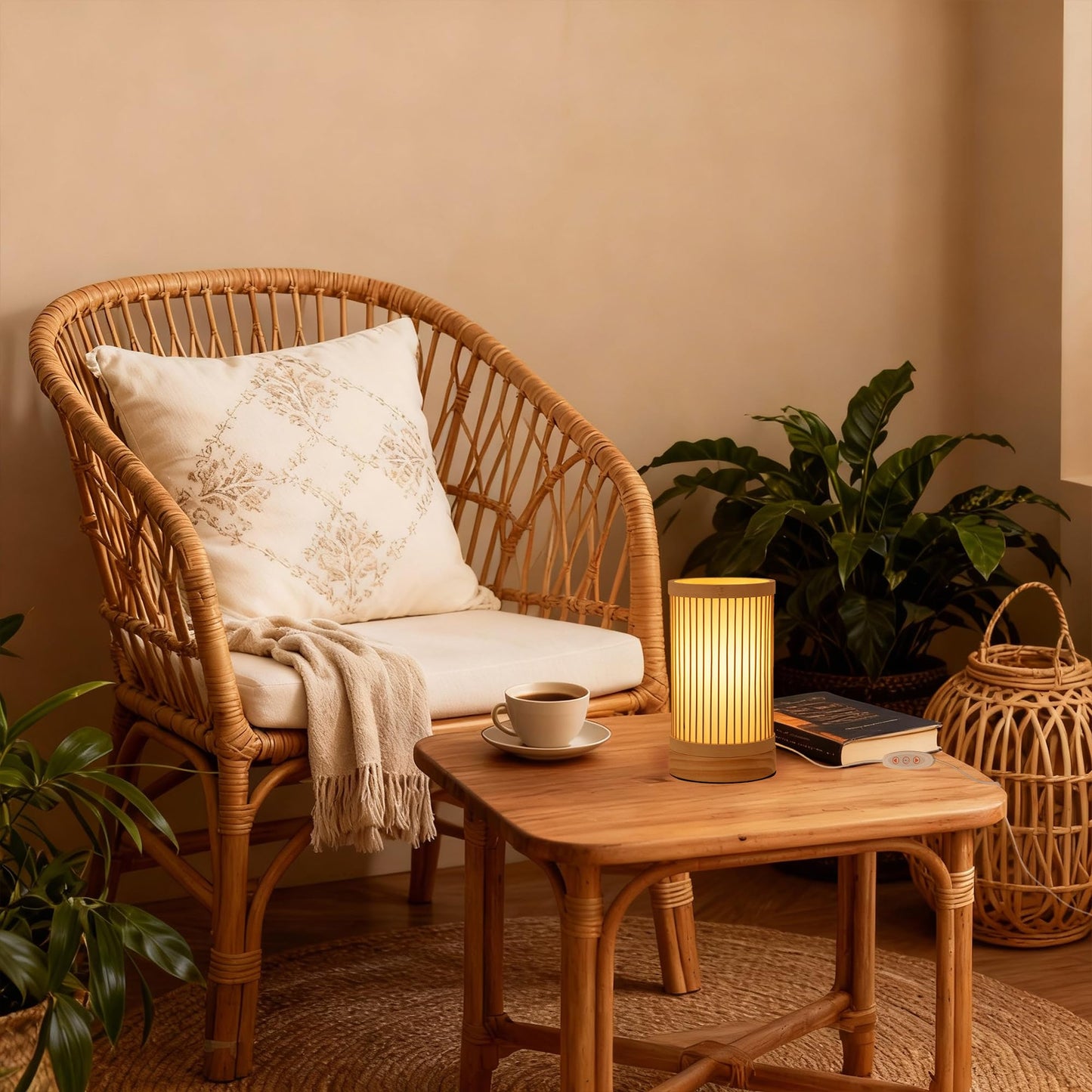LUSHARBOR Bamboo Table Lamp, Small Boho Rattan Lamp Decorative with Dimmable Light, Woven Bedside Lamp for Bedroom, Cozy Nightstand Desk Lamps for Cafe/Entryway/Tabletop/Shelf Decor