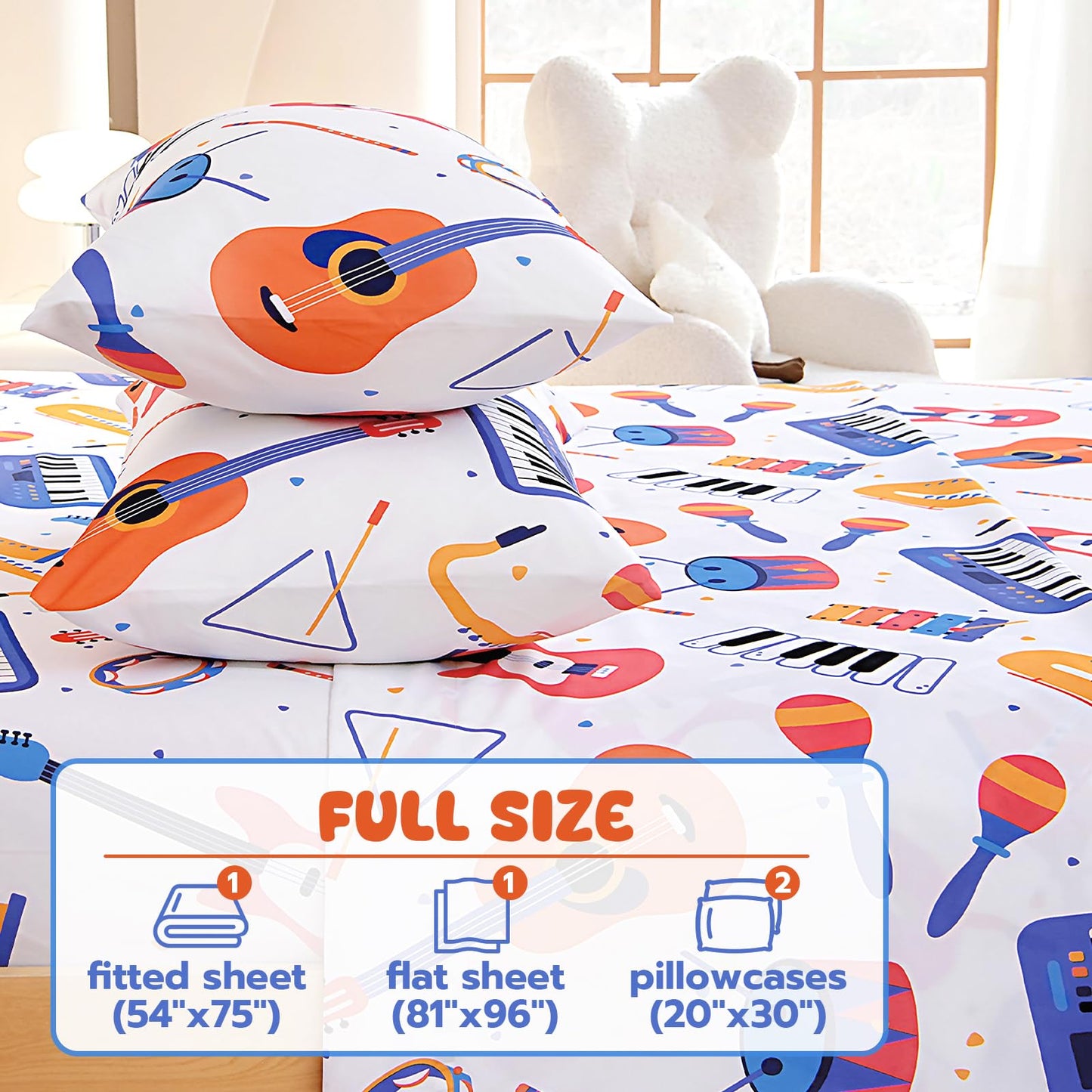 Homilay Full Sheet Set Kids - Guitar Sachs Keyboard Drum 4 Pieces Soft Microfiber Cartoon Style Bedsheets for Boys Girls Teens, Oeko TEX Breathable 15 Inch Deep Pocket Sheets(Musicians)