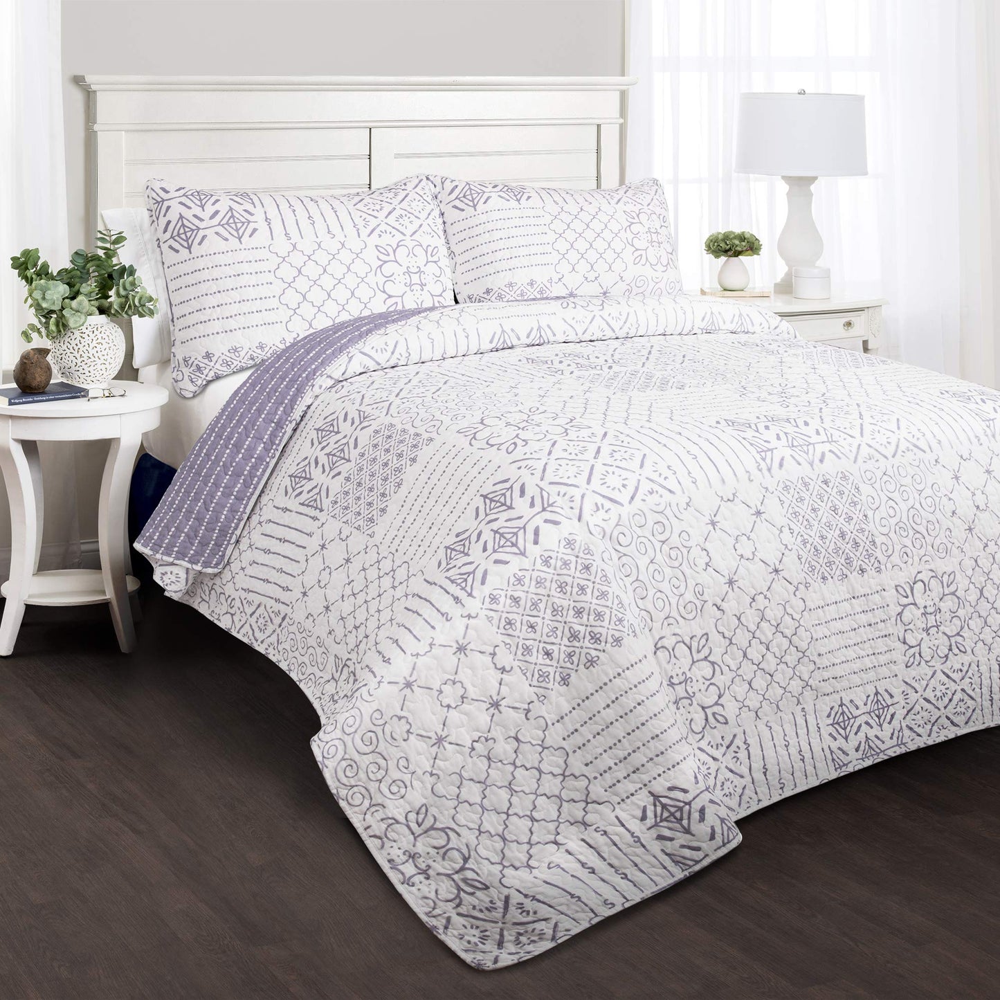 Lush Decor Monique Reversible Cotton Quilt Queen Size 3 Piece Set Full/Queen Lavender - Purple Bedding Set Queen Quilt - Patchwork Quilts - Boho Decor