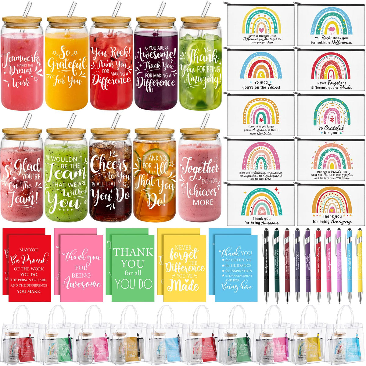 Purpeak 10 Sets 50 Pcs Employee Appreciation Gifts Bulk 16 oz Thank You Glass Cup Inspirational Cosmetic Bag Notepads Pens PVC Bag for Administrative Professionals Day Ot Month Coworker Teacher Nurse