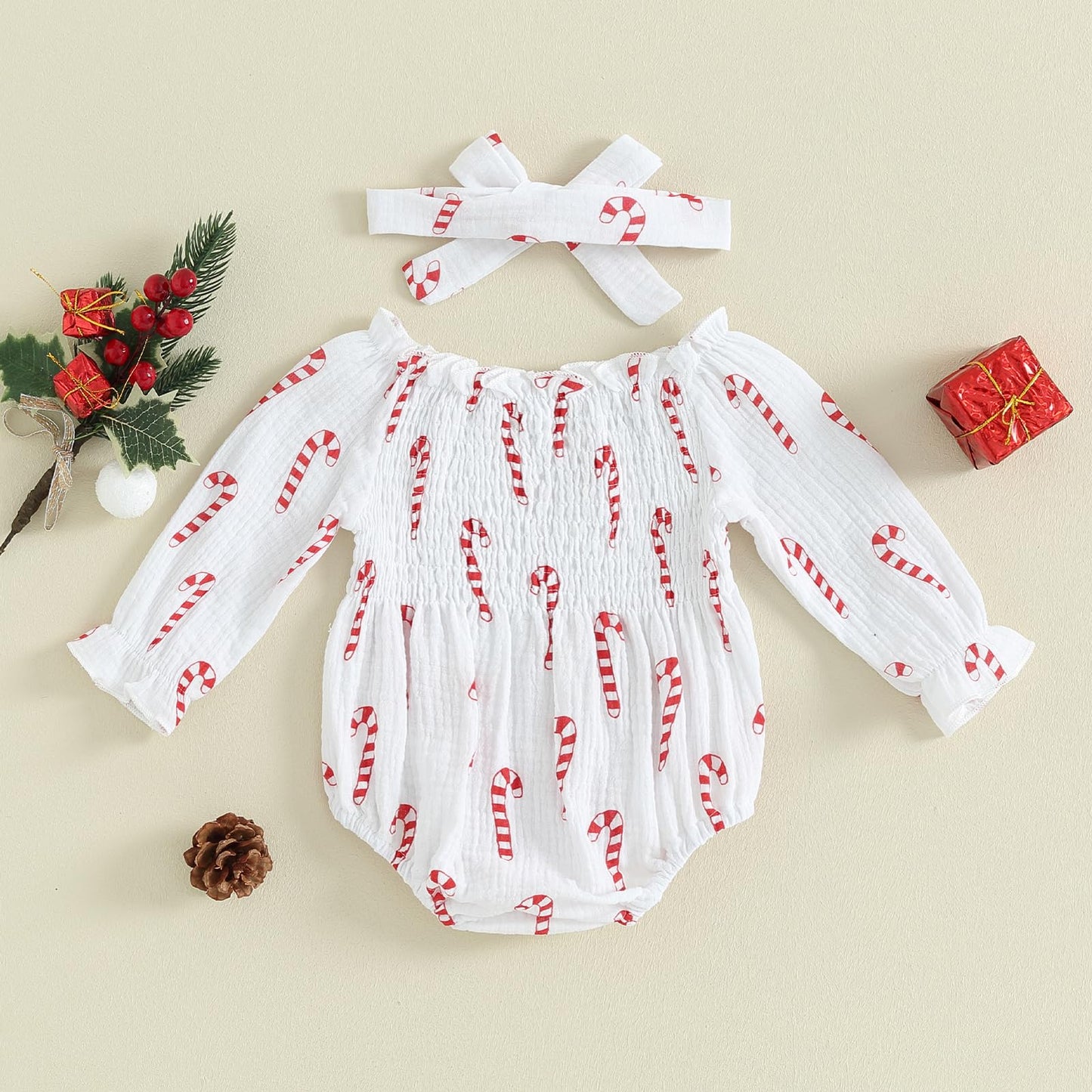 farrubbyine8 Newborn Baby Girl Outfit Cute Romper Long Sleeve Ruched Bodysuit Comfy Outfits Baby Girl Clothes (Xmas Red, 0-3 Months)