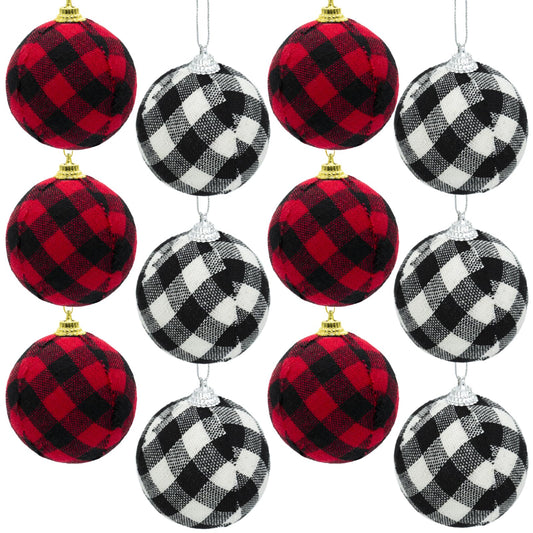 12pcs Christmas Ball Buffalo Plaid 2.4"/60mm Decorative Tree Hanging Ornaments for Party Holiday Decoration