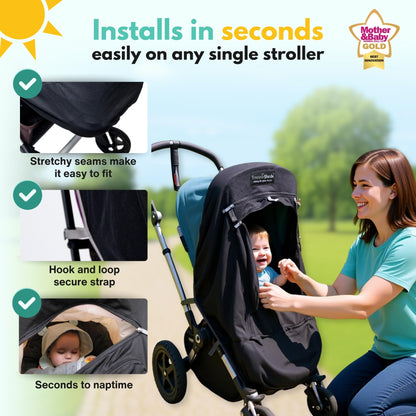 SnoozeShade Plus Extra Pram and Stroller Sun Shade Cover Blocks 99% UV UPF50+ Baby Sleep Aid and Breathable Blackout Canopy for Pushchairs Buggies and Travel Strollers