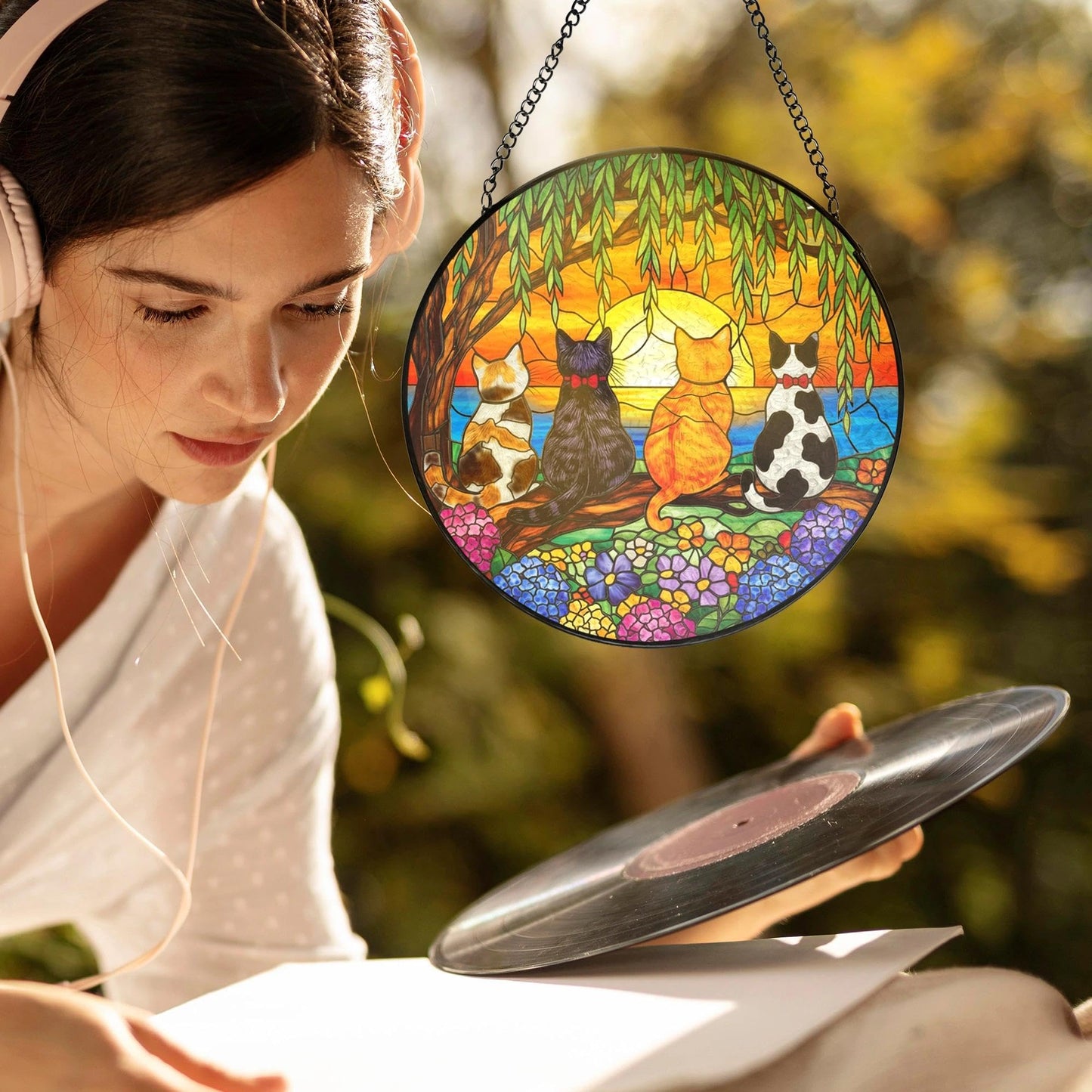 LIANGEAGOM Cat Flower Stained Glass Window Hanging, Cat Mom Lovers Gifts for Women, Nature Sunset Kitten Landscape Suncatchers Sun Catchers Indoor Window Glass Wall Art Decorations, 7.9x7.9in, Patio