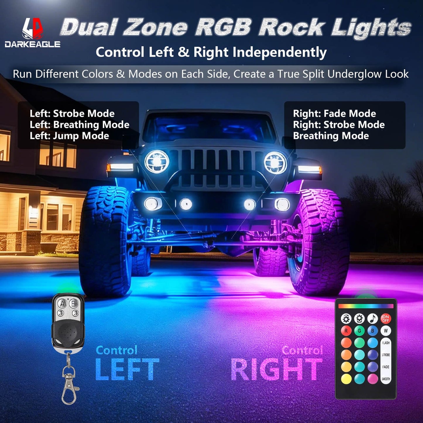 LD DARKEAGLE 8Pods RGB LED Rock Lights for Jeep Trucks Golf Cart ATV UTV RZR SUV Offroad, Multicolor Underglow Light Kit with APP/RF Remote Dual Zone Neon Vehicle Accent Underbody Light 12V Waterproof