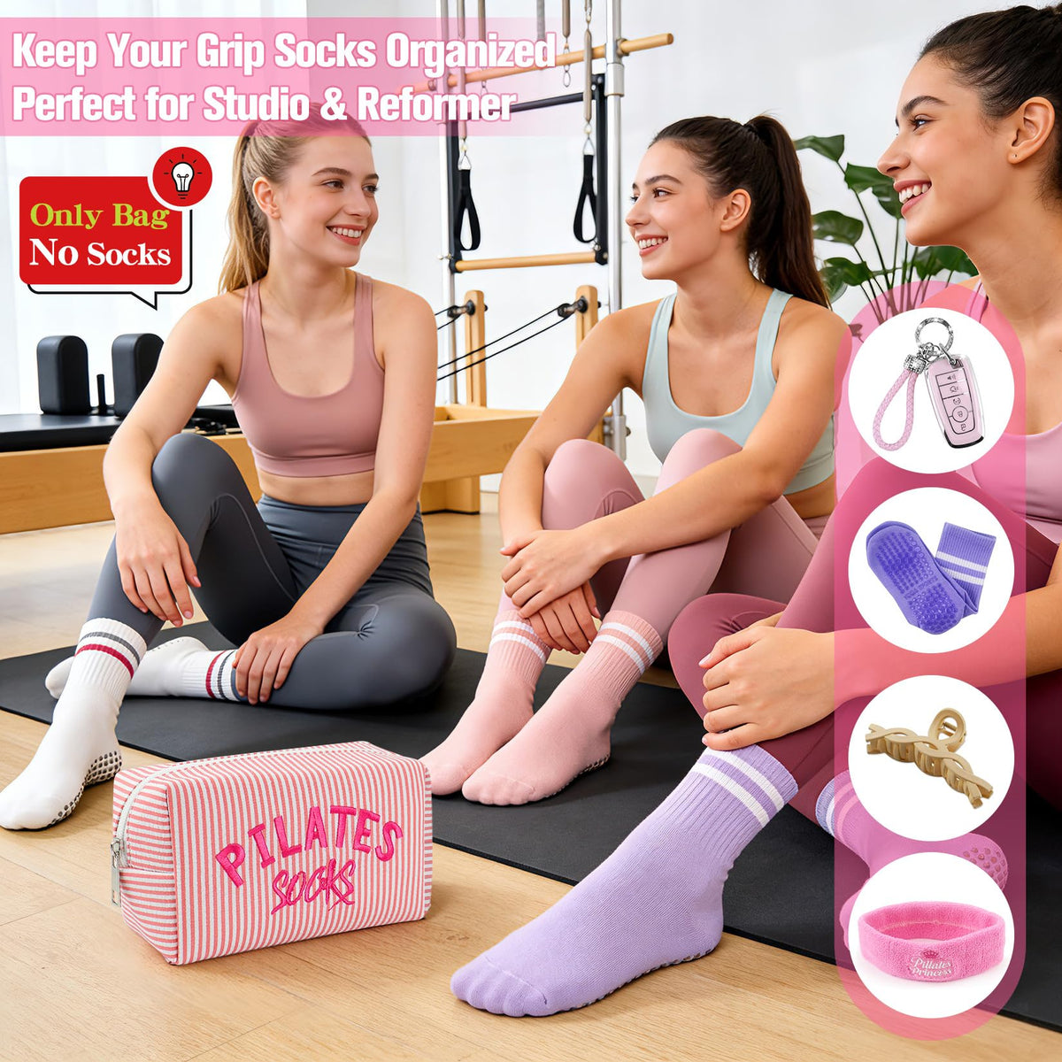 TIFFYONEK Pilates Grip Socks Bag - Embroidered Seersucker Pouch for Women - Cute Makeup Cosmetic Organizer & Gym Bag Accessory for Barre, Yoga, Reformer Studio - Pilates Princess Gifts (Pink Stripe)
