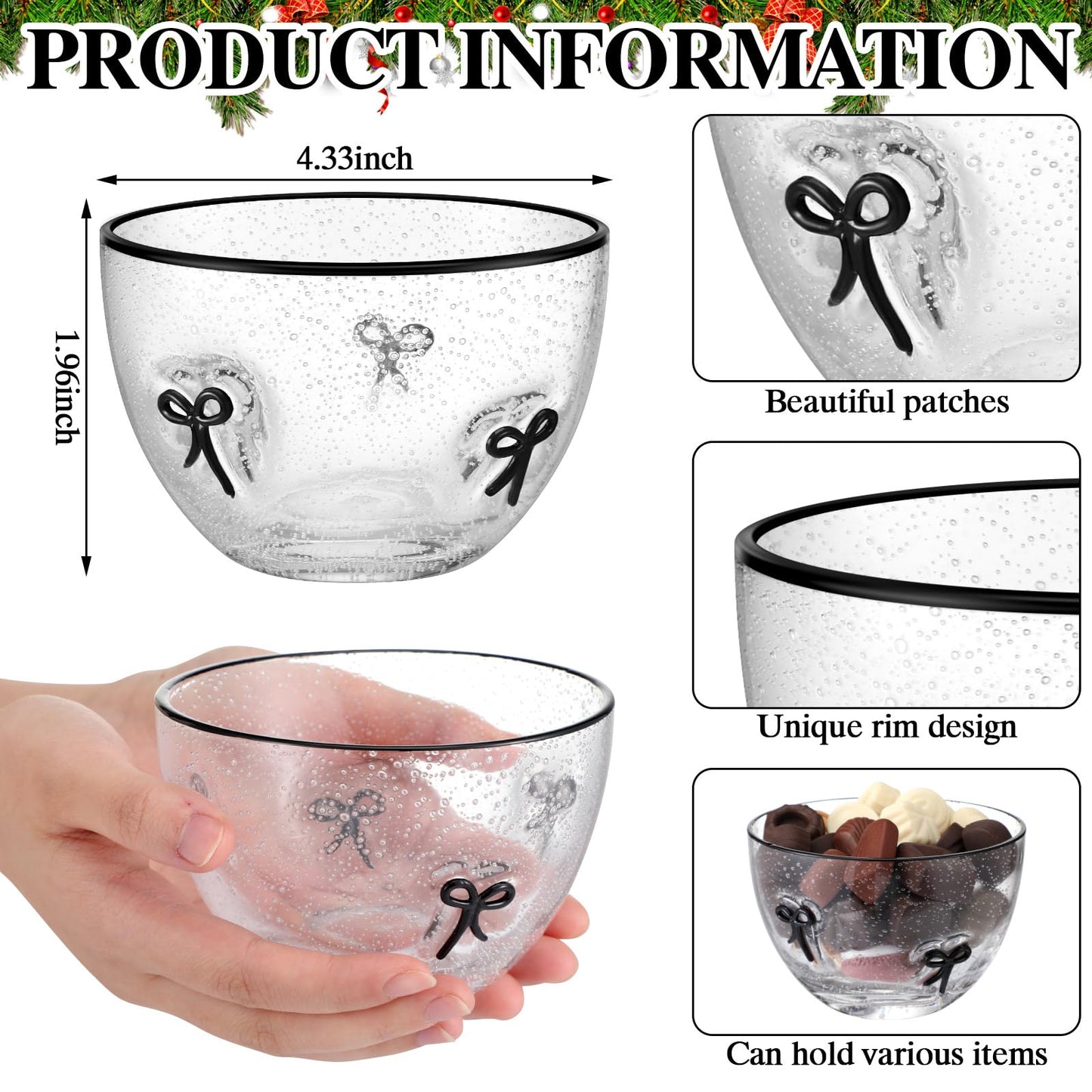 Potchen 2 Pcs Bow Glass Bowls, 14 Oz Decorative Glass Dessert Bowls with Black Bow Design Coquette Room Decor Aesthetic Candy Fruit Serving Bowl for Vanity Coffee Table Kitchen Counter