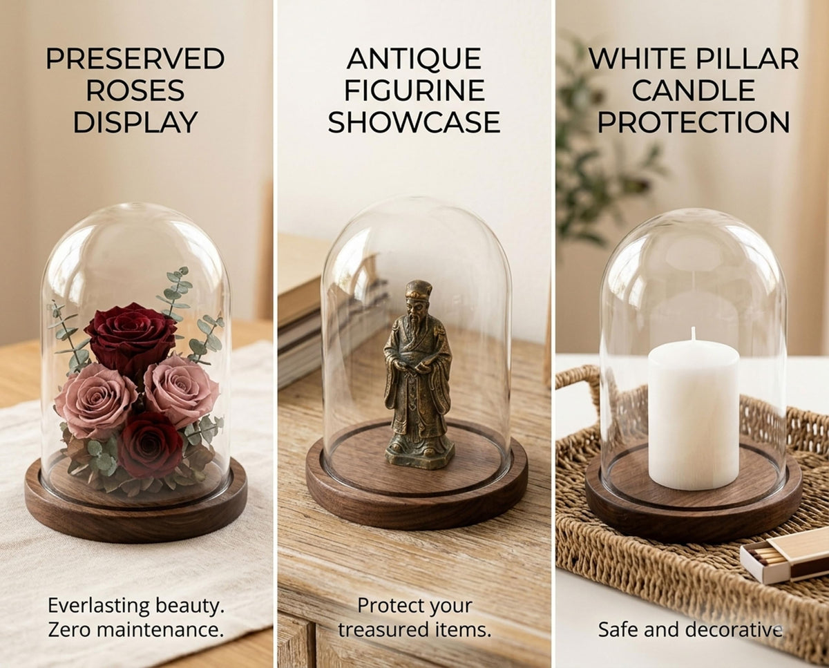 SAN3Kings Glass Cloche Bell Jar Display Dome with Brown Wooden Base, 6x7 Inch Clear Glass Display Case with Wood Stand for Home Decor, Plants, Succulents, Collectibles, Preserved Flowers, Centerpieces