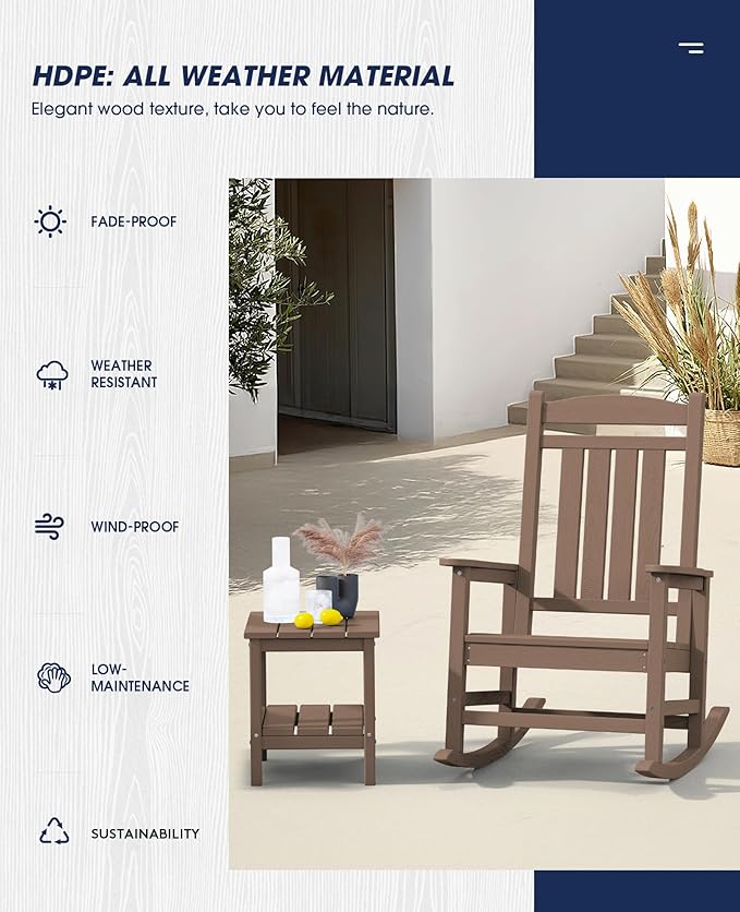 KINGYES HDPE Outdoor Rocking Chair Set of 2, Widened Seat Patio Rocking Chair, Oversized All Weather Patio Rocker, Brown