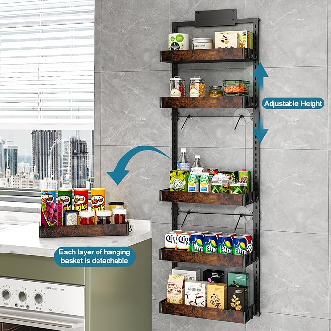 bukfen Over the Door Pantry Organizer, 6-Tier Adjustable Wooden Basket Kitchen
