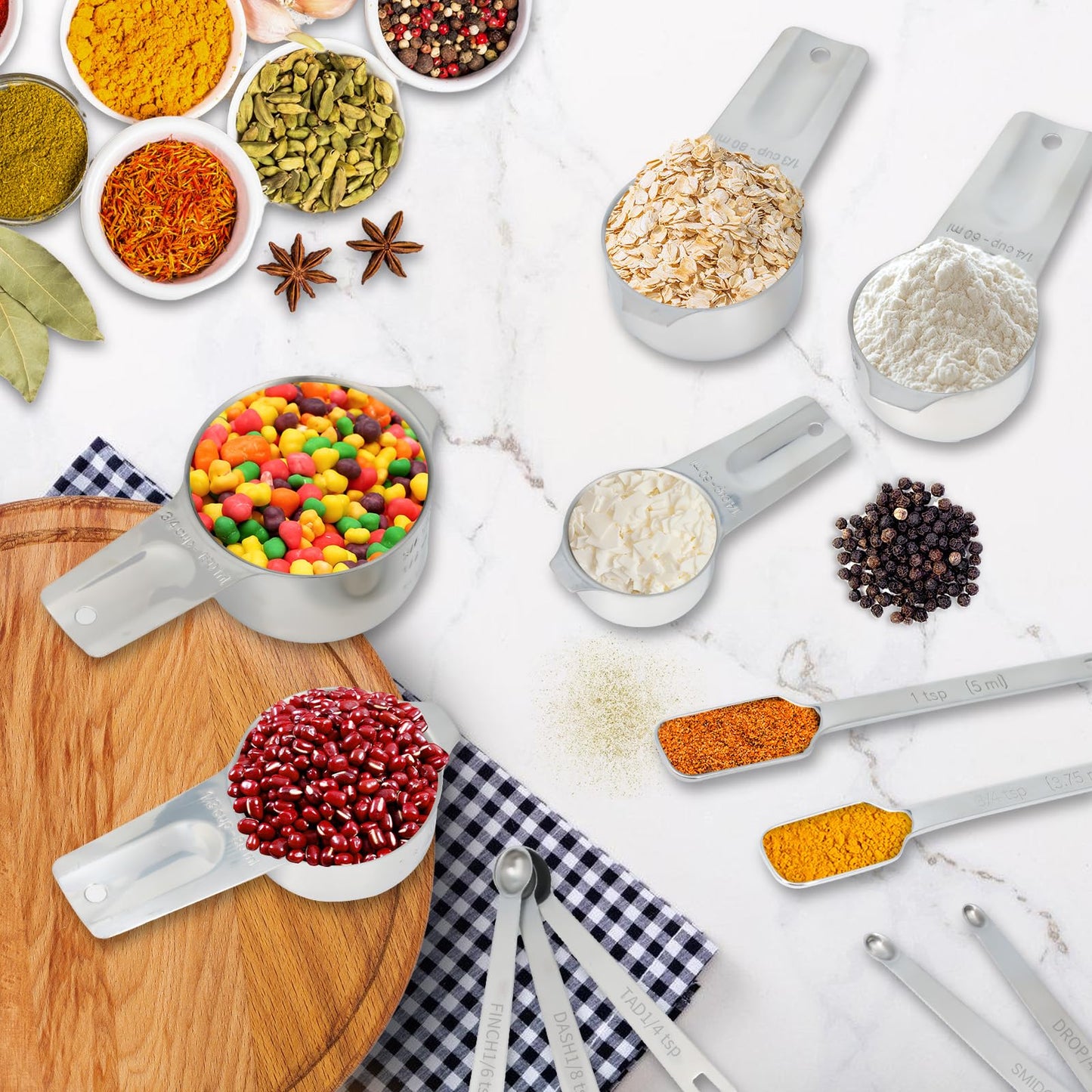 21 Pieces YUNNKEEY Measuring Cups and Spoons Set - Includes 7 Stainless Steel Measuring Cups, 8 Rectangular & 5 Mini Measuring Spoons with Leveler Fits Spice Jars, Ideal for Dry and Liquid Ingredients