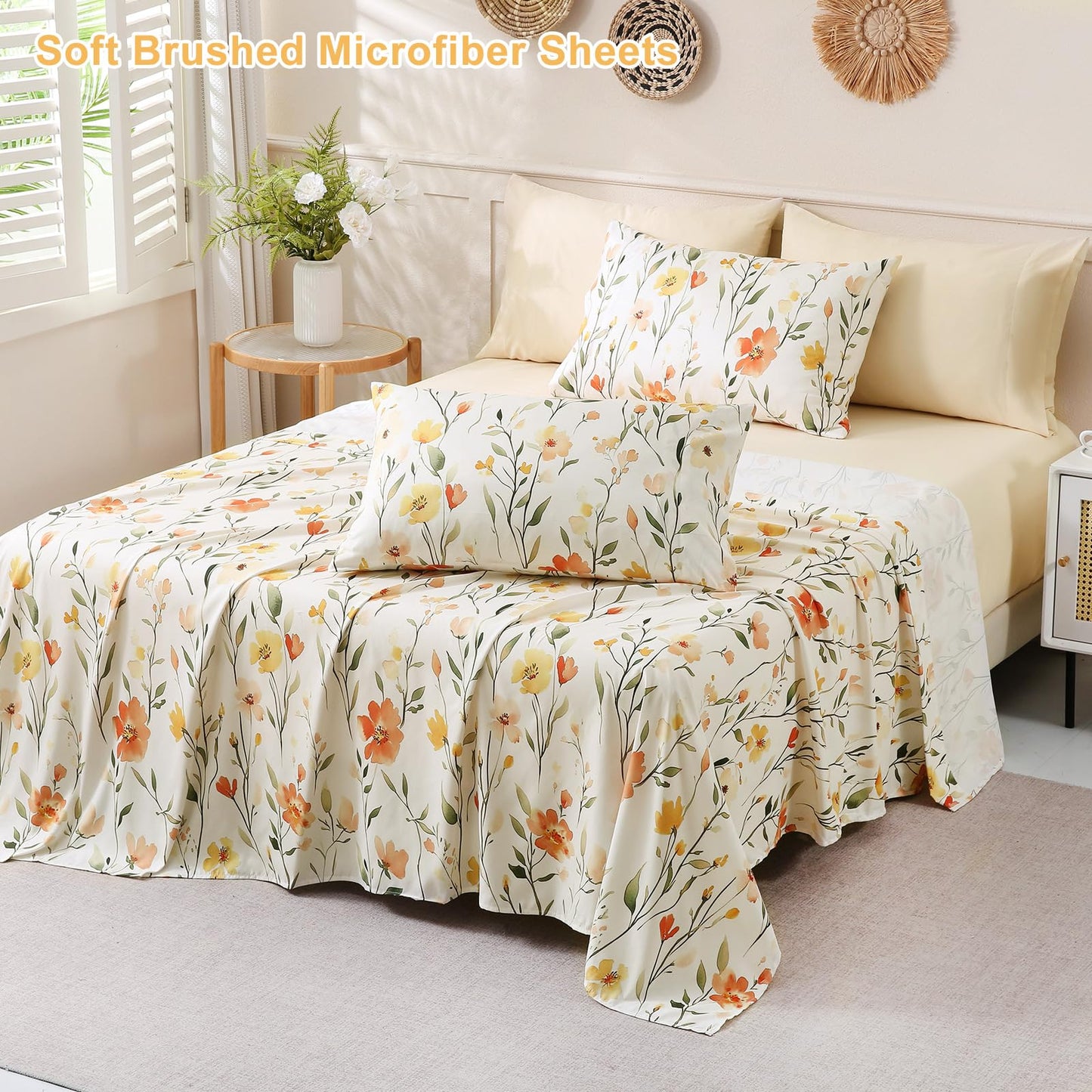 Botanical 6-Piece King Size Sheets Set, Boho Floral Print Brushed Microfiber Sheets, Cooling Bed Sheet Set, Ultra Soft & Breathable, 16' Deep Pocket Fitted Sheet & Pillowcase Set, Beige Floral