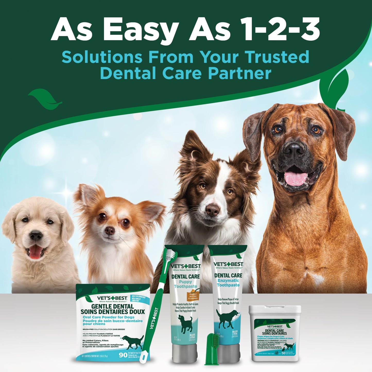 Vet's Best Finger Dental Wipes for Dogs and Cats – Oral Care Wipes for Teeth Cleaning, Fresh Breath, and Tartar Control – Gentle Finger Pads for Pet Dental Hygiene and Plaque Removal – 50 Count