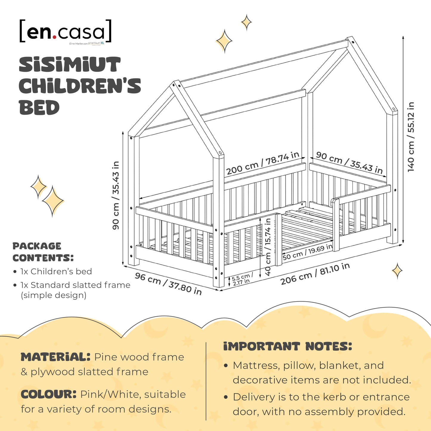 [en.casa] Children's bed Sisimiut House bed 90 x 200 cm with fall-out protection Slatted frame Pine Pink/White