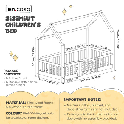 [en.casa] Children's bed Sisimiut House bed 90 x 200 cm with fall-out protection Slatted frame Pine Pink/White