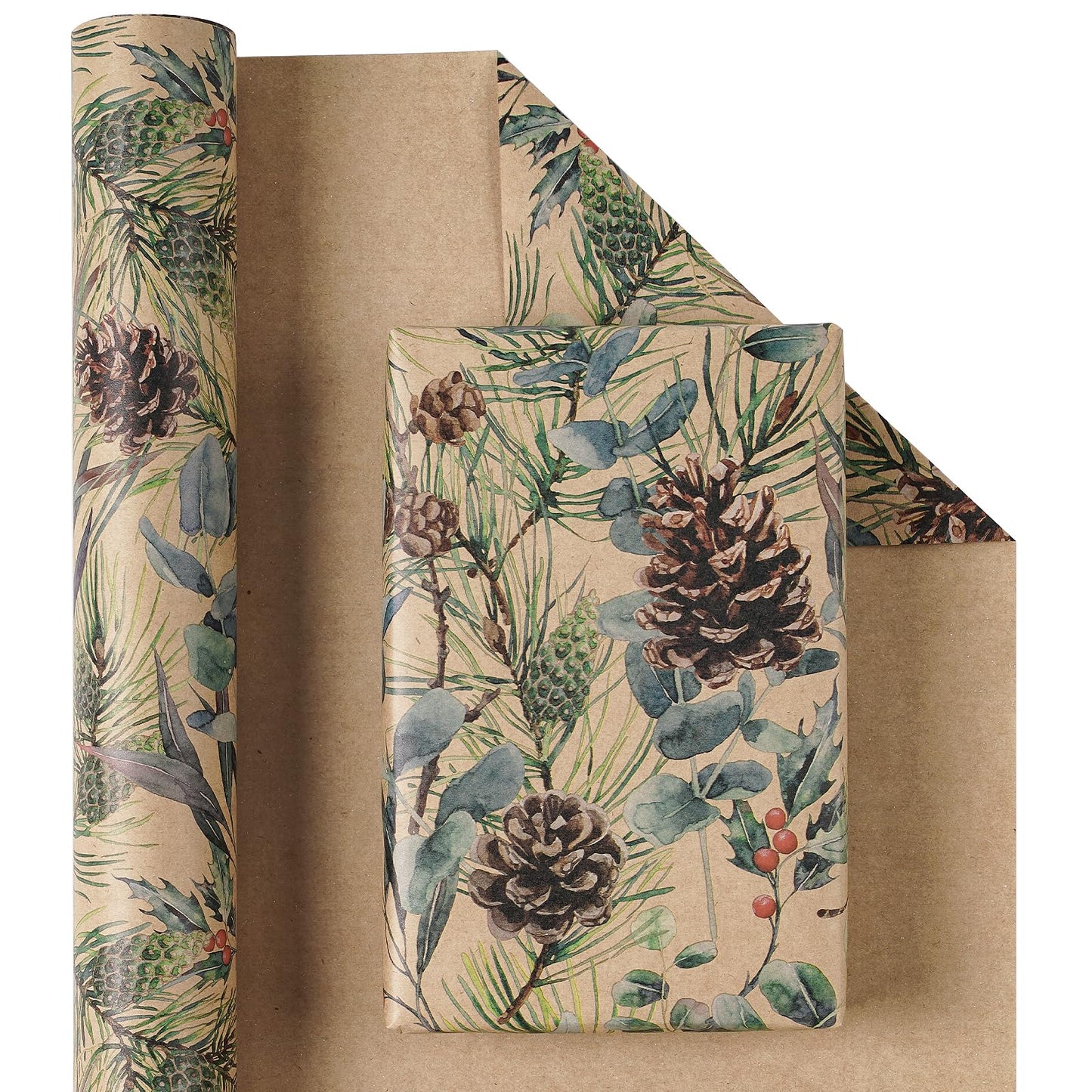 RUSPEPA Kraft Christmas Wrapping Paper Roll, Mini Roll, Watercolor Pinecone and Eucalyptus Leaf Design, Kraft Gift Wrap for Christmas, Winter Holiday Party, Rustic Natural Theme, 17 Inches x 16.4 Feet