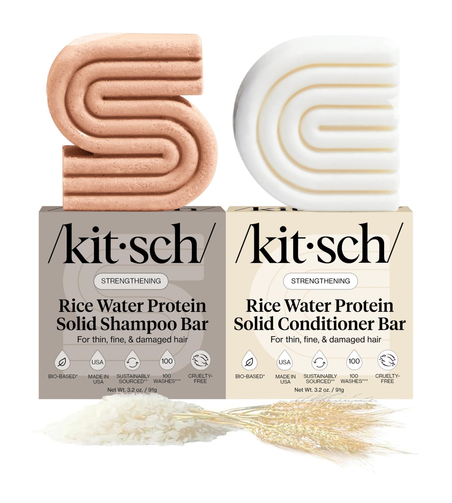Kitsch Rice Water Shampoo & Conditioner Set - Solid Shampoo Bar & Conditioner Bar with Protein for Strengthening & Damage Repair - Paraben, Sulfate and Silicone Free - Nourishing Hair Care Set, 2pcs