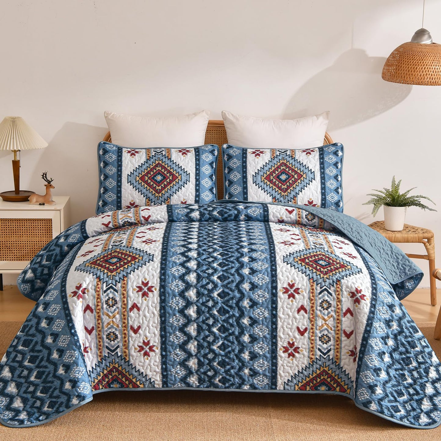 Dintszyayue Navy Blue Quilt Set Queen Size, Aztec Western Boho Quilt Bedspread Set, 3 Pieces Bohemian Southwestern Stripe Bedding Set Soft Lightweight Coverlet Set for All Season(96"x90")