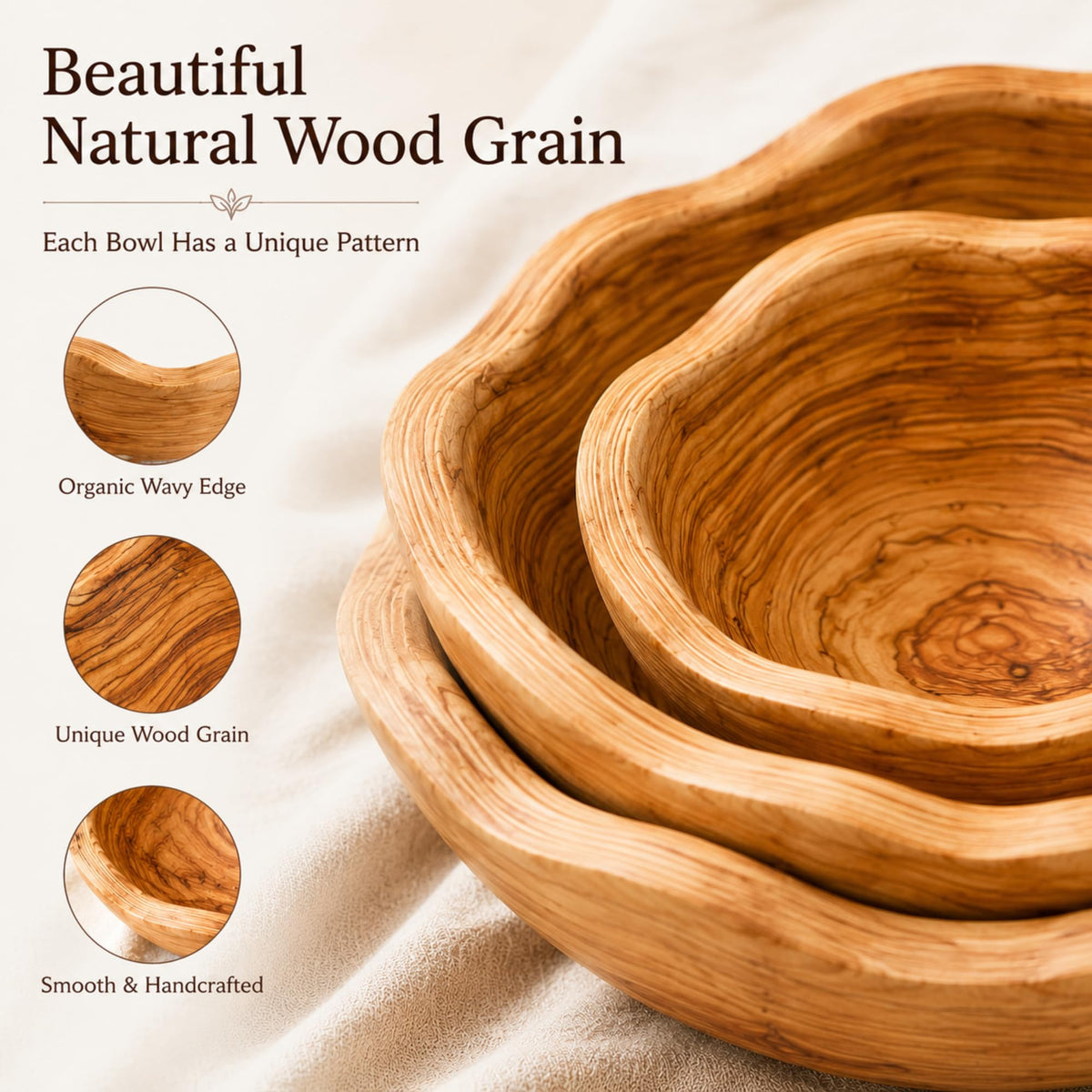 Hushee Set of 3 Wooden Bowls Decorative 8"-14" Handmade Natural Wood Fruit Bowl Creative 3 Sizes Rustic Keys Serving Wood Dish Decor for Entryway Kitchen Counter Bread Salad Snack Dough Candy Dish