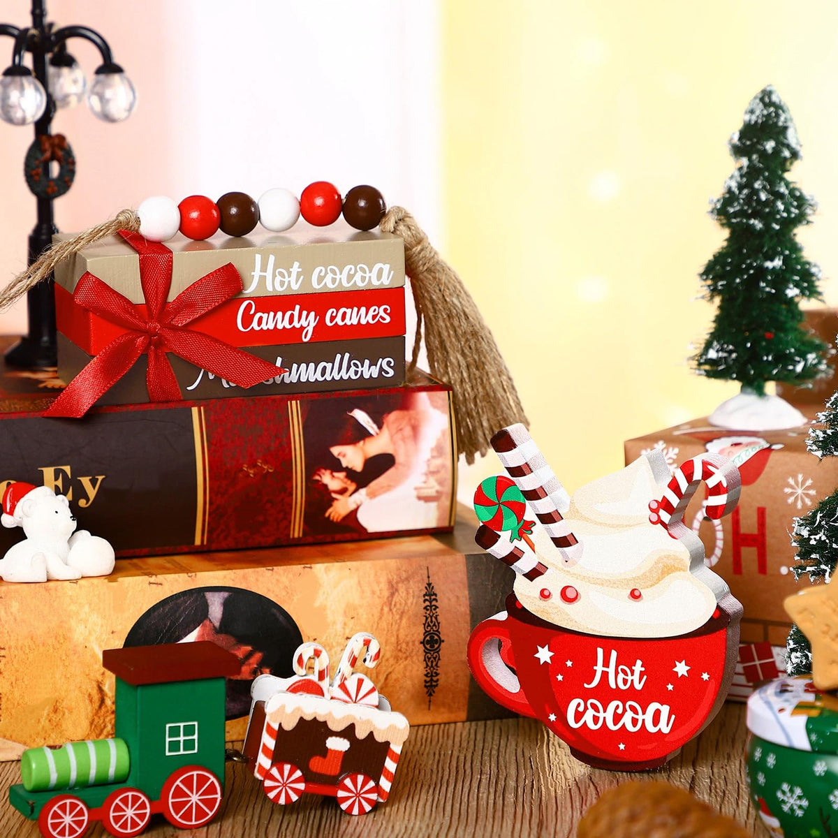 Bucherry 5 Pieces Christmas Farmhouse Tiered Tray Decor Winter Hot Cocoa Wood Decorative Stack Book Decor with Bead Garland for Home(Coffee)