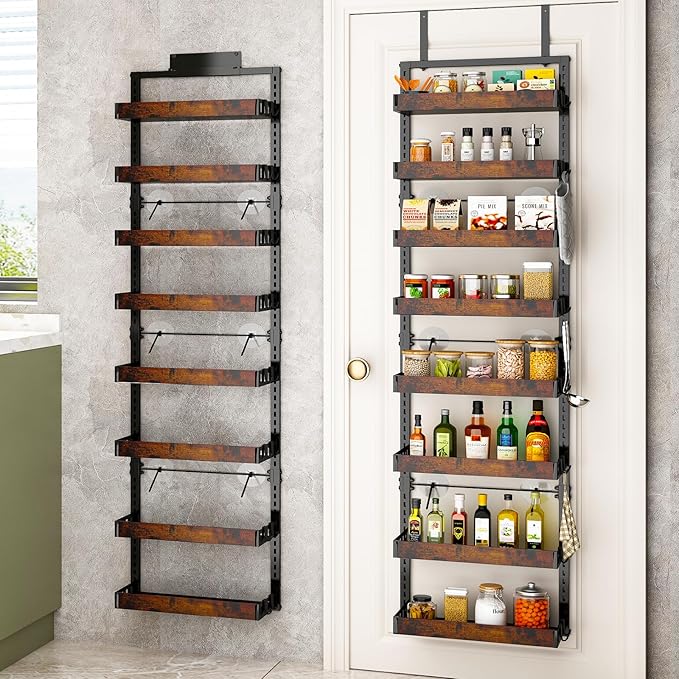 bukfen Over the Door Pantry Organizer, 8-Tier Adjustable Wooden Basket Kitchen
