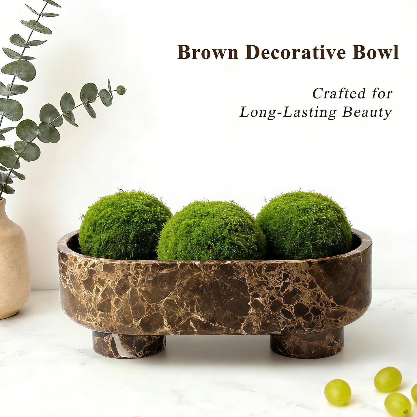 LIN CHUAN Natural Oval Marble Fruit Bowl for Kitchen Counter | Two-Legged Decorative Pedestal Bowl for Dining Table Decor, 10" Luxury Entryway Catchall Purse Bowl - Dark Brown