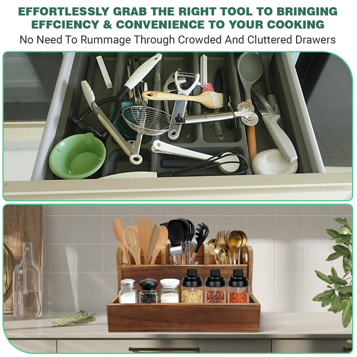 LAGOUPICK Kitchen Utensil Holder for Countertop with 4 Compartments Acacia Large Utensil Holder Wooden Storage for Cooking,Baking,Flatware Tool Kitchen Utensil Organizer