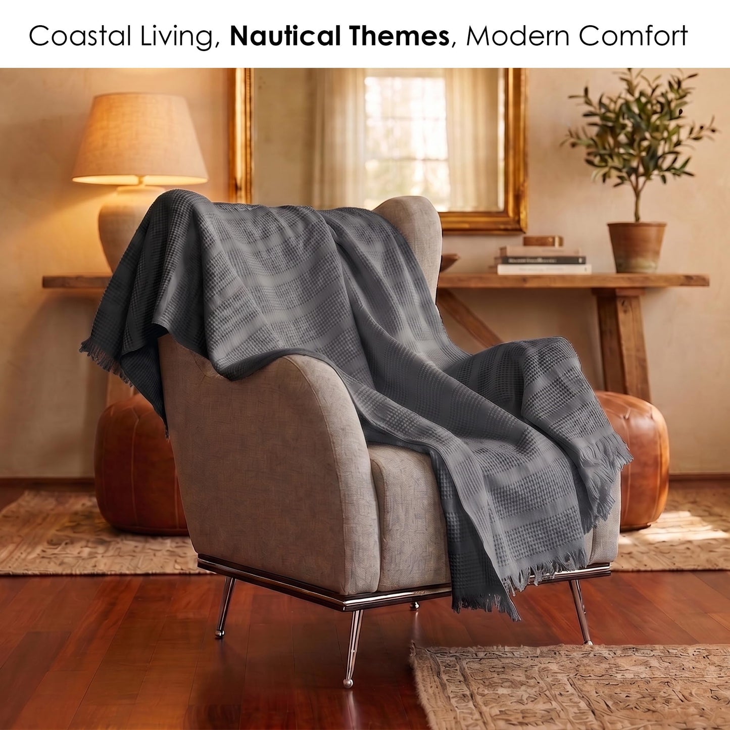 Jojomia Mira Waffle Throw Blanket with Tassels - 50x66 Inch - 100% Turkish Cotton Tencel Breathable Blend Lightweight Blanket for Couch, Sofa, Bed