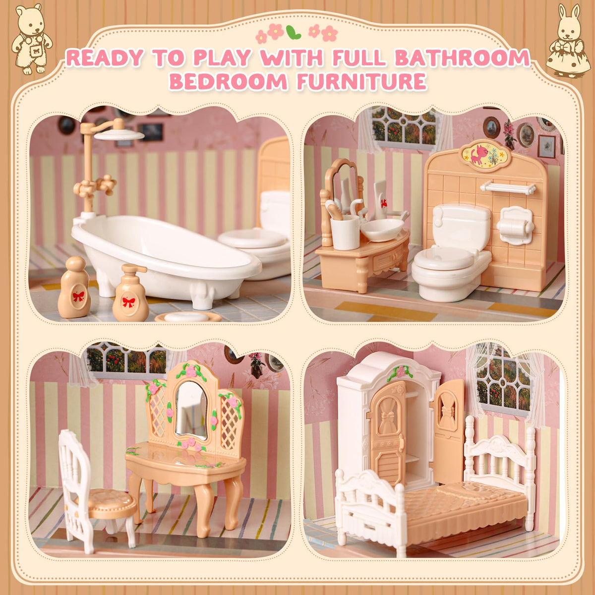TUZT Suitcase Dollhouse Furniture Set for Kids, Mini Dollhouse Box with 2 Flexible Dolls and Bedroom&Bathroom Furnitures, Pretend Play Accessories Christmas Birthday Gift for Toddlers Ages 3+