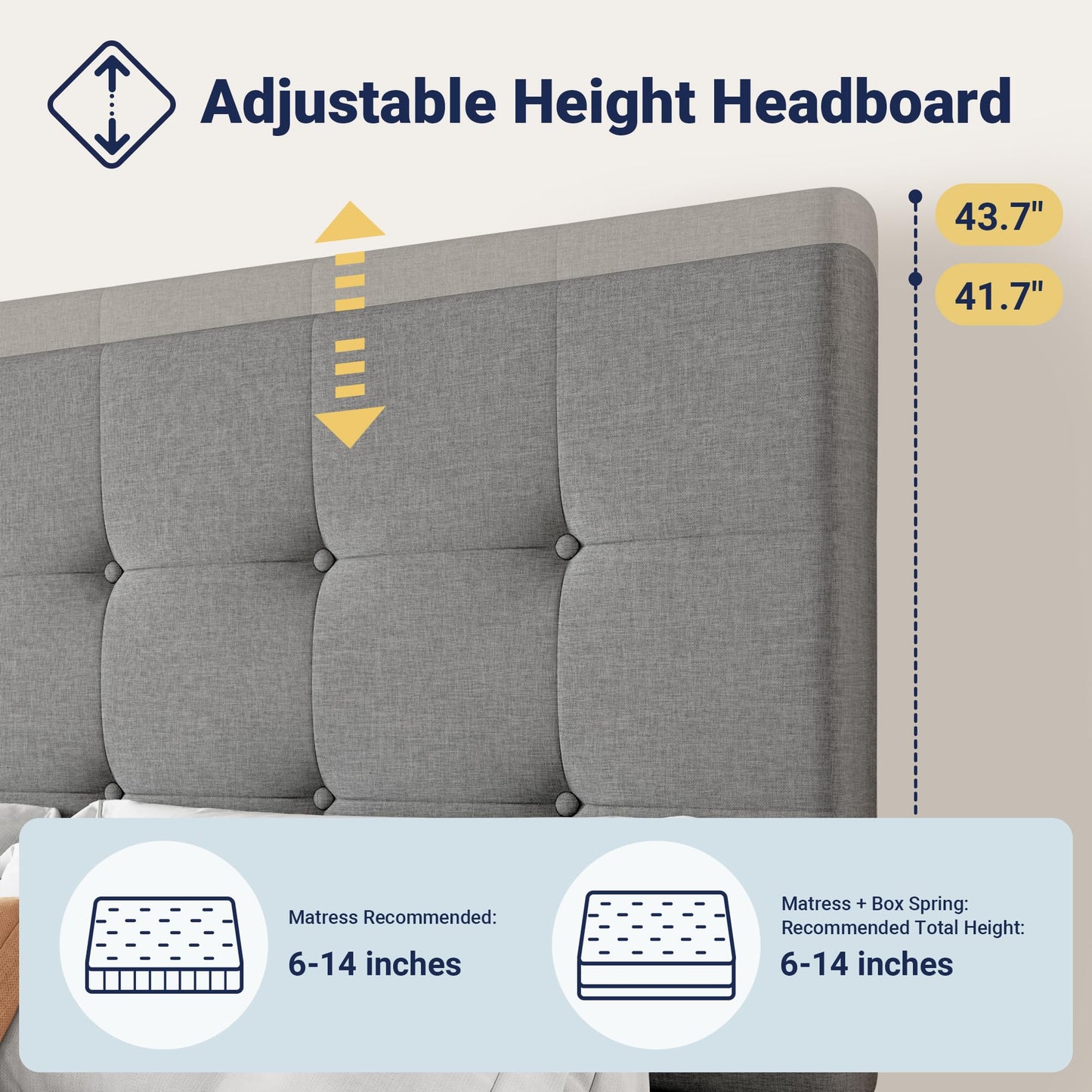 Allewie Upholstered Queen Size Platform Bed Frame with 4 Storage Drawers and Headboard, Square Stitched Button Tufted, Mattress Foundation with Wooden Slats Support, No Box Spring Needed, Light Grey