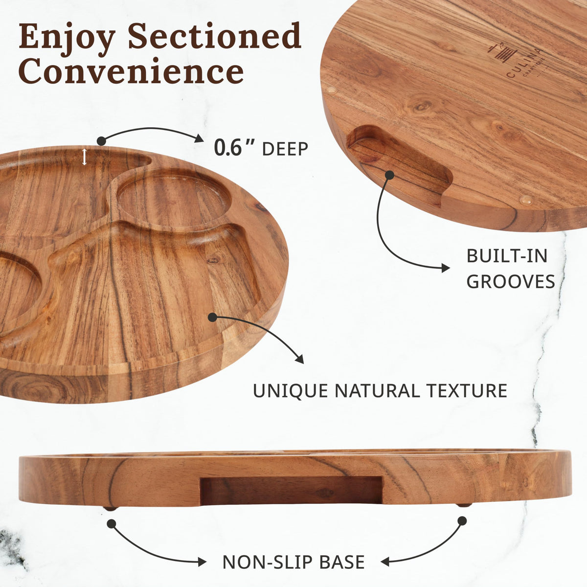 Culina Craftique 11" Wooden Salad Bowl Set — Bundle with 12.2" Chip and Dip Serving Platter — Durable Hosting Essential For Home — Ideal Gift — Includes Serving Utensils and 2 Ceramic Bowls