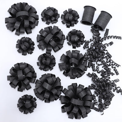 FORBINBO 16 Pcs Gift Bows Assortment - 4 Size Gift Bowsand 2 Crimped Curling Ribbons, Perfect for Christmas, Holiday，Birthdays, Weddings, Baby/Bridal Showers, Party (Black)