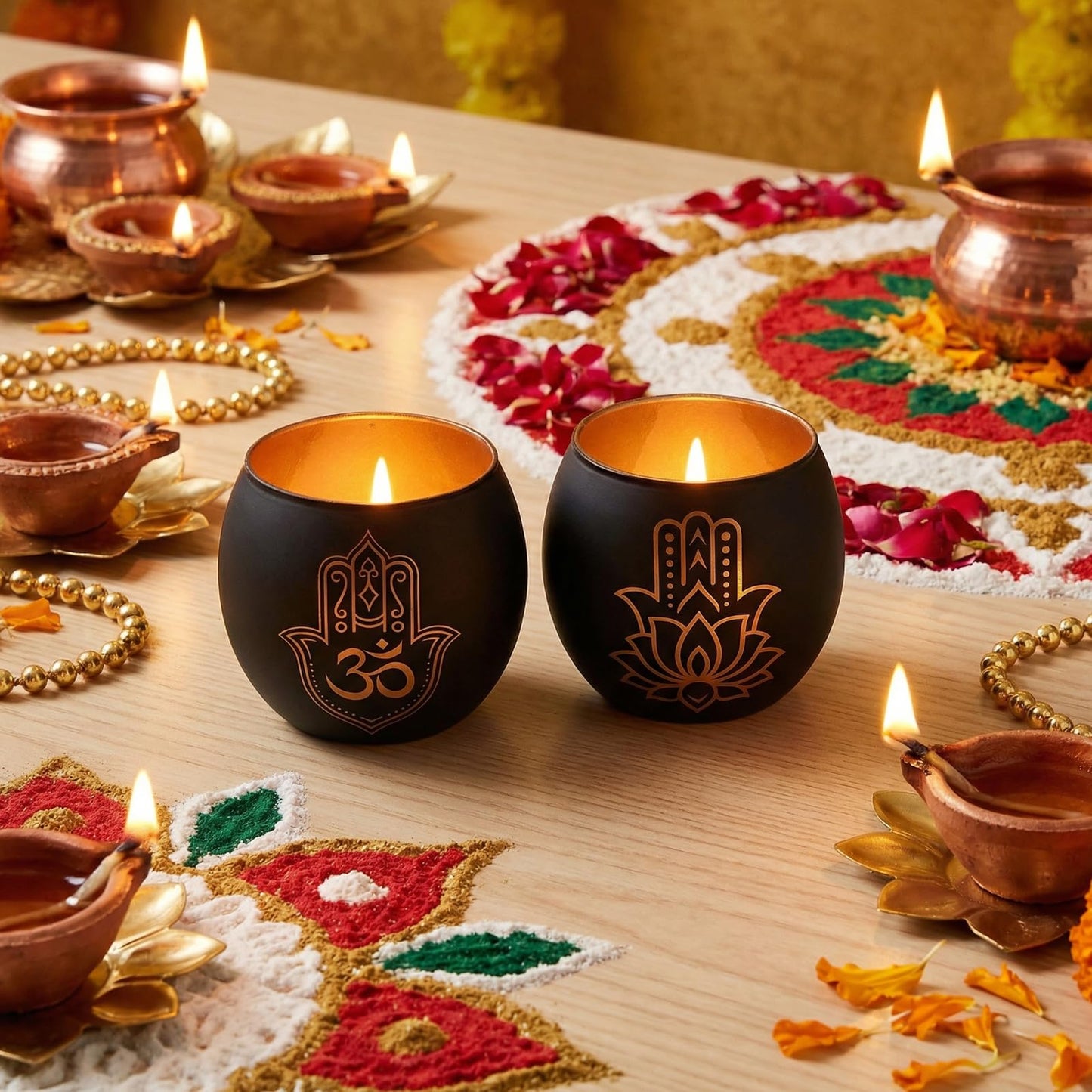 Hamsa Hand & Lotus Candle Holder Set of 2, Black and Gold Glass Votive Tealight Holders for Zen Meditation Decor, Om Symbol Decor for Yoga Room, Spa Bathroom & Diwali Decorations for Home