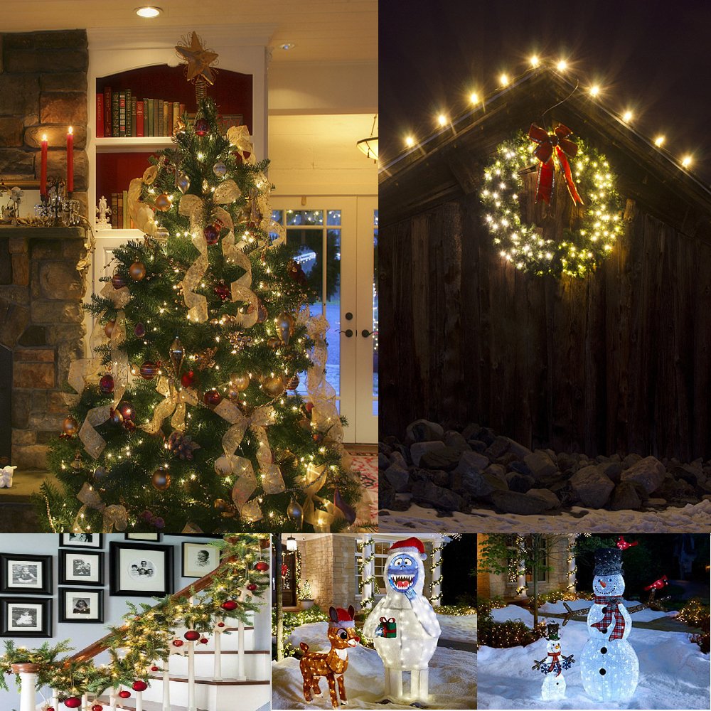 Christmas Timers - Battery Operated LED Lights Outdoor Timer, Waterproof, Warm White, 100 LEDs, 8 Modes, Clear Mini Lights Set for Wedding Party, Home Garden Wreath