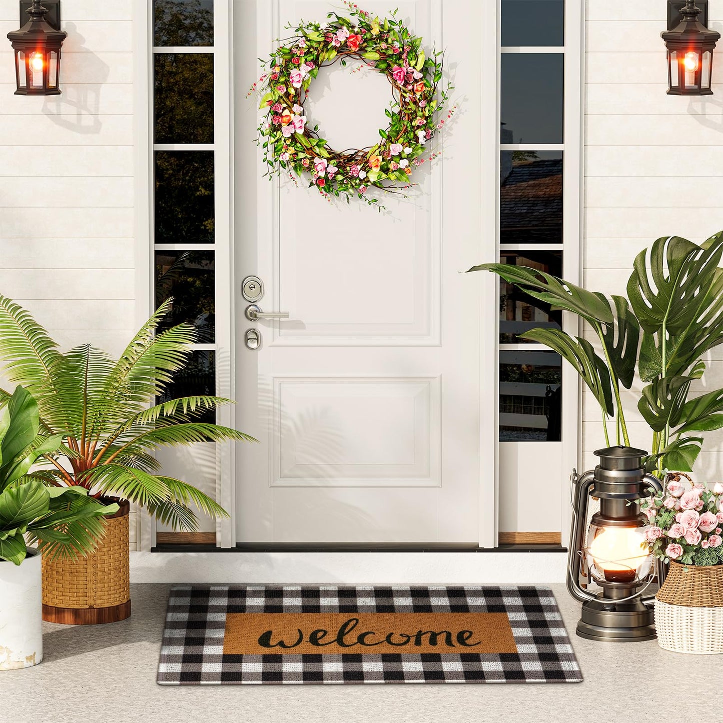 UINI Welcome Mat Outdoor Indoor Door Mats, Heavy Duty Buffalo Plaid Welcome Front Door Mat, Non Slip Durable Entrance Rugs for Outside Entry, Porch, Resist Dirt, 17"x 30"