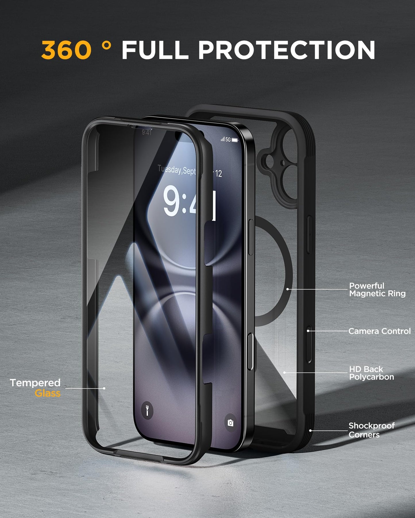 Miracase Magnetic Case for iPhone 16 Case 6.1-Inch, [Built-in 9H Tempered Glass Screen Protector + Camera Control Capture Button] Full Body Bumper Case Compatible with MagSafe (Black)