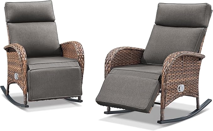 Zero Gravity Patio Rocking Wicker Recliner Chairs Set of 2- Wicker Outdoor Lounge Chair with Adjustable Backrest & Footrest, All Weather Reclining Rocker Chairs with Thick Cushion for Pool Deck Grey