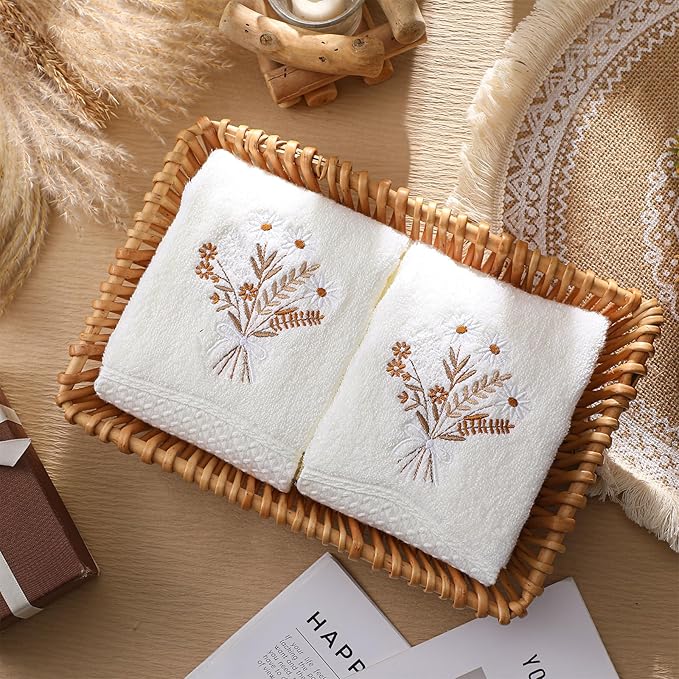 2 Pcs Boho Flowers Hand Towels Beige Bathroom Wildflowers Decor 14x29 Inch