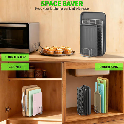 PLUVON Cutting Board Organizer-1.0in Wide Kitchen Cutting Board Holder Stand for Baking Sheets,Cookie Sheets with 4 Slots,304 Stainless Steel Baking Sheet Oragnizer(1.0 Inch Width Slots)