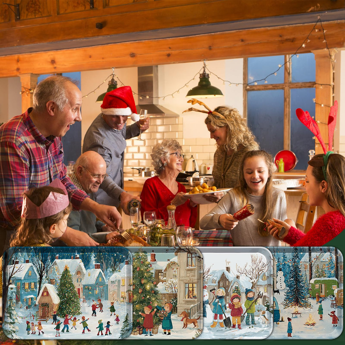 Jrusmr 4 Pack Christmas Serving Trays, 15 x 11 Inch Melamine Holiday Platters with Winter Village, Ice Skating, and Camping Designs, Reusable Festive Trays for Snacks, Cookies, and Entertaining