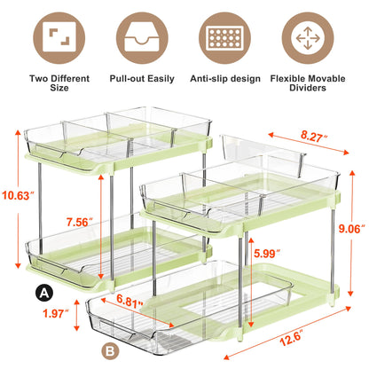 Delamu 2-Tier Multi-Purpose Bathroom Under Sink Organizers and Storage, Stackable Kitchen Pantry Organization, Pull Out Medicine Cabinet Organizer with Movable Dividers, White, 2 Pack