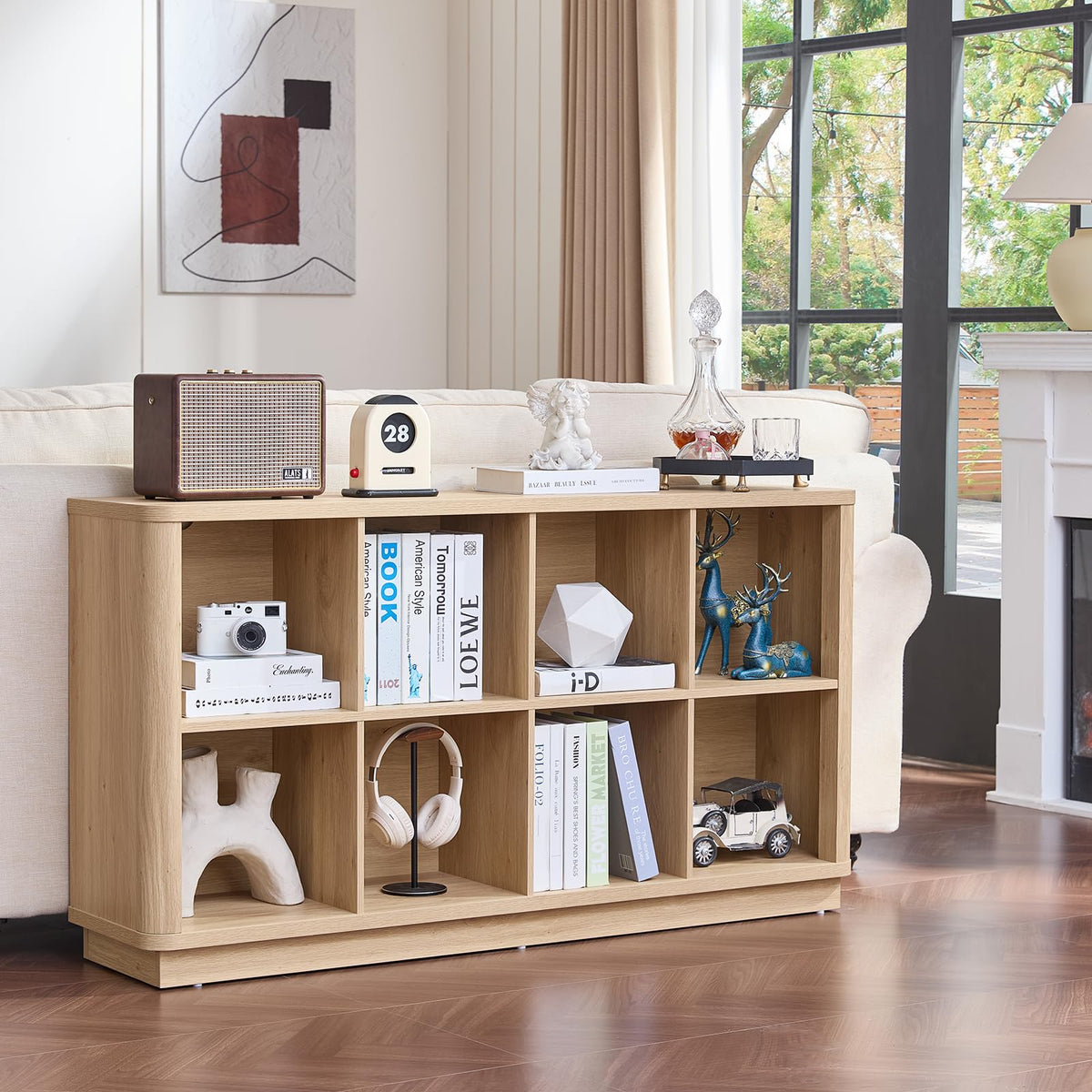 Joaxswe 8 Cube Storage Book Shelf, 52" Long Horizontal Bookshelf with Curved Edge, Floor Standing Wooden Cubby Bookcase with Base, Modern Low Console Book Case, TV Stand for Living Room, Natural Oak