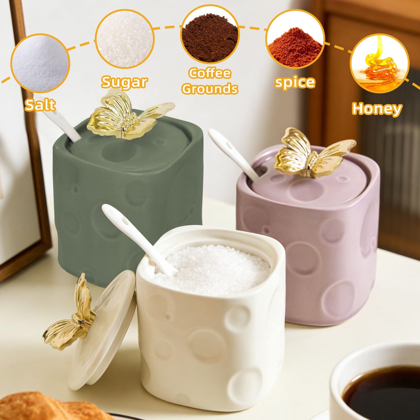 BarroSol Ceramic Sugar Container, 6.7ounce Sugar Bowl with Lid and Spoon,Sugar Jar with 3D Golden Butterfly Decoration for Coffee, Salt, Spices,Sugar Holder for Coffee Station Accessories,Purple