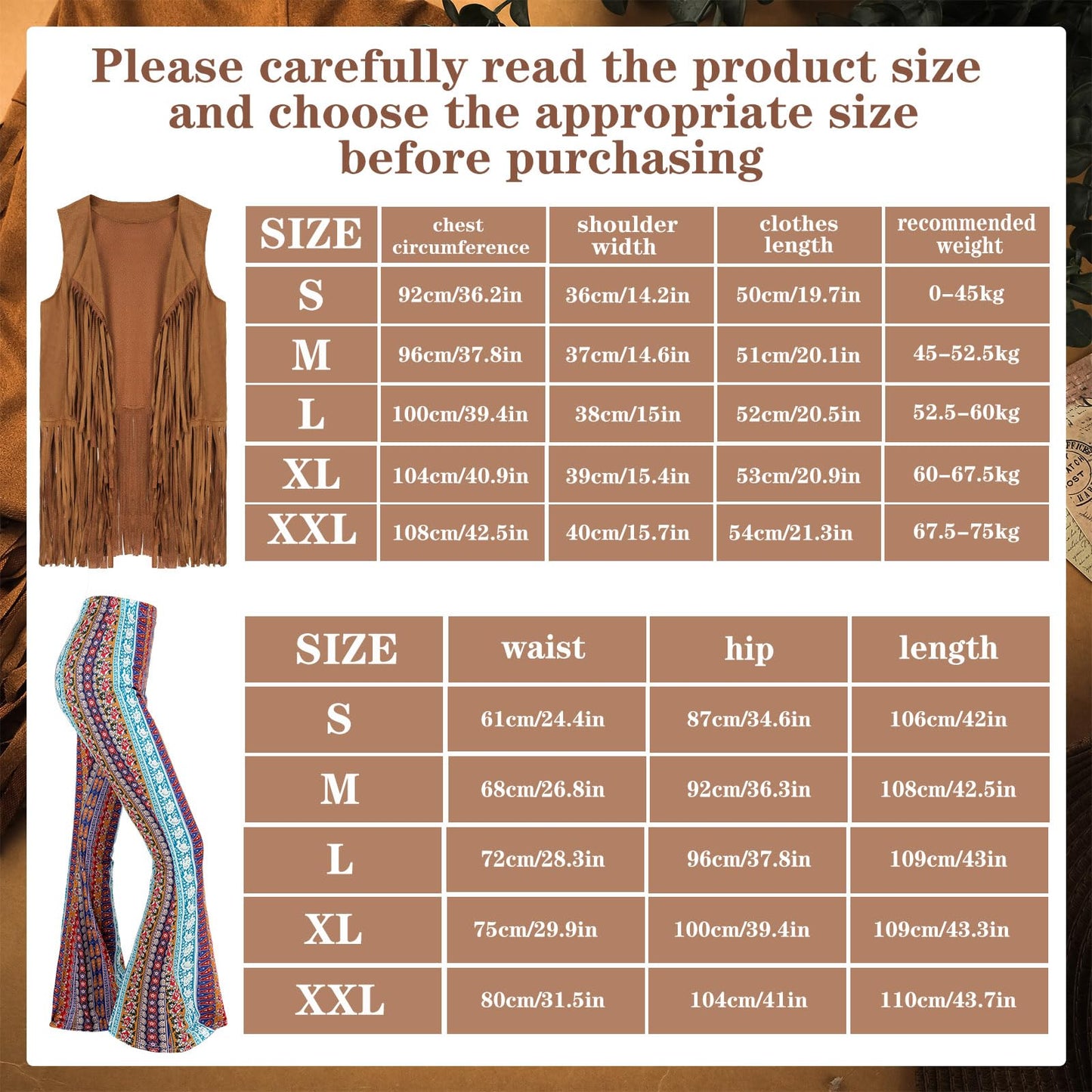 Leumoi 5 Pcs 60s 70s Costume for Women Disco Outfits Hippie Accessories Fringe Vest Boho Flared Pants Set for Halloween(XX-Large,Retro)