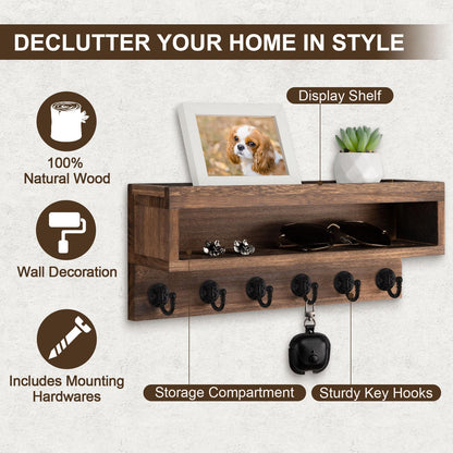 Lucundm Key and Mail Holder Wall Mount, Key Hanger with Long Storage Box and 6 Hooks for Coat, Dog Leash, Home Decor Rack, House Accessories, Entry Way Organizer (Brown)