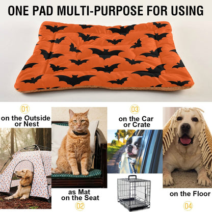 Mazeann Happy Halloween Dog Bed Mat for Large Dog Puppy Cat Kitten, Halloween Bats Pattern Ultra Soft Pet Bed Mattress for Crate with Anti-Slip Washable, Orange, 24 x 36 Inches