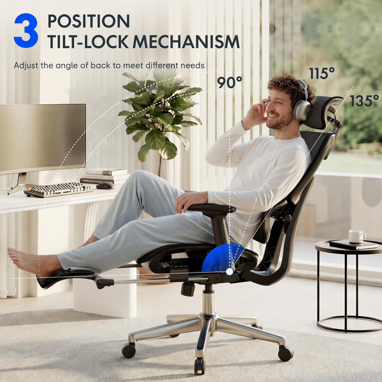 FLEXISPOT ErgoX Premium Ergonomic Office Chair with Footrest- Adjustable 3D Armrests, Dynamic Lumbar Support, Recline & Tilt Function, Mesh Seat, for Home & Office Use,Blue Foam